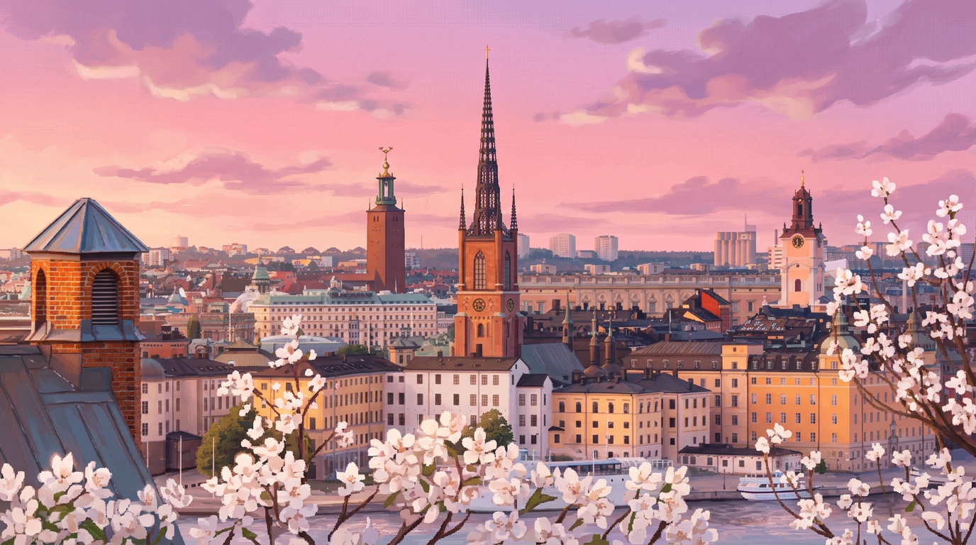 Stockholm at sunset with cherry blossoms